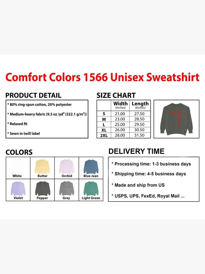 Comfort Colors 1566 unisex sweatshirt size chart and color options