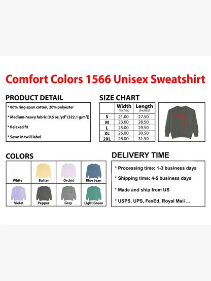 Comfort Colors 1566 unisex sweatshirt size chart and color options