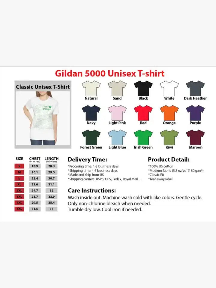 Gildan color chart showing available colors including Natural, Sand, Black, White, Navy, Light Pink, Red, Orange, Purple, Forest Green, Irish Green, Maroon