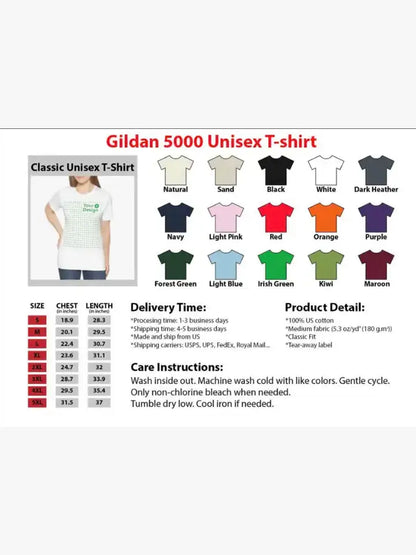 Gildan color chart showing available colors including Natural, Sand, Black, White, Navy, Light Pink, Red, Orange, Purple, Forest Green, Irish Green, Maroon