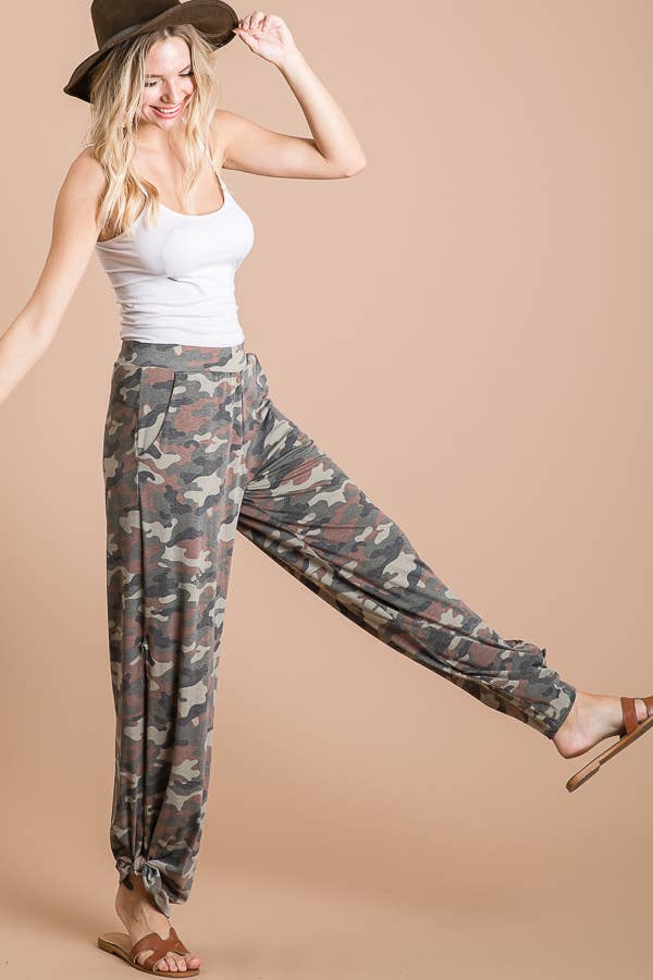Camo Print Split Side Ankle Tie Women's Casual Pants - detail view | Bleacher Babe