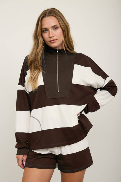 Babe in Stripes Half Zip Knit Top, womens wide stripe mock neck sweater for game day, view 9