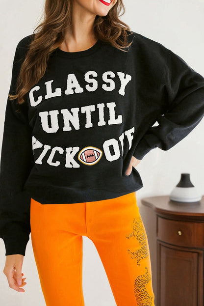Classy Until Kickoff -- Plush Letter Patch Loose Sweatshirt in Black