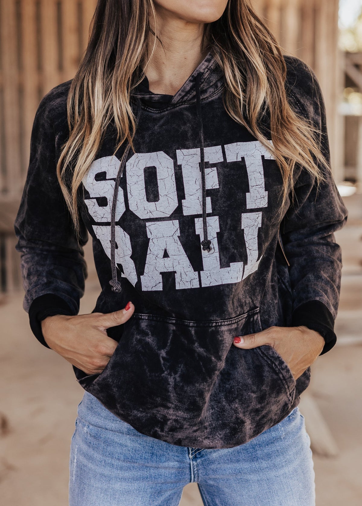 Softball Vintage Raglan Hoodie, Cloud Black