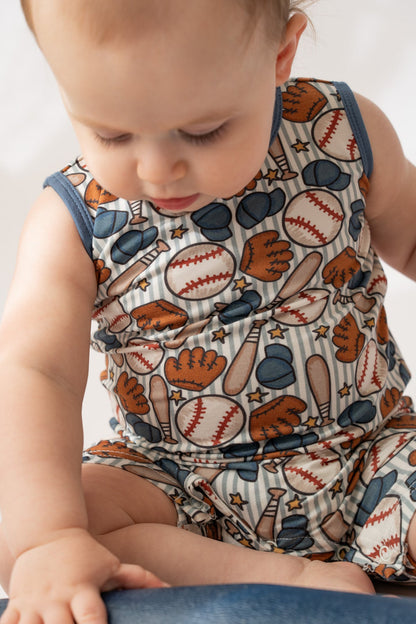 Blue Baseball Shorty Tank Romper for Baby Boys