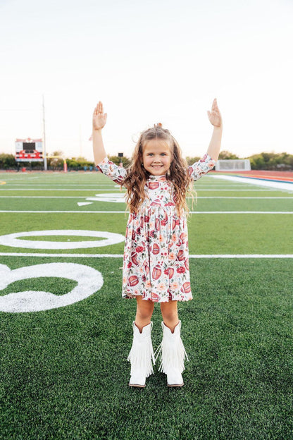 Footballs and Flowers -- Girls 3/4 Sleeve Twirl Dress