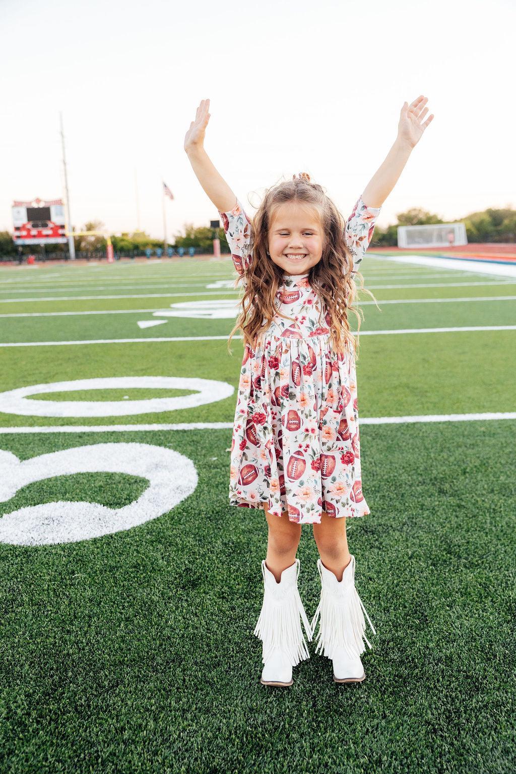 Footballs and Flowers -- Girls 3/4 Sleeve Twirl Dress