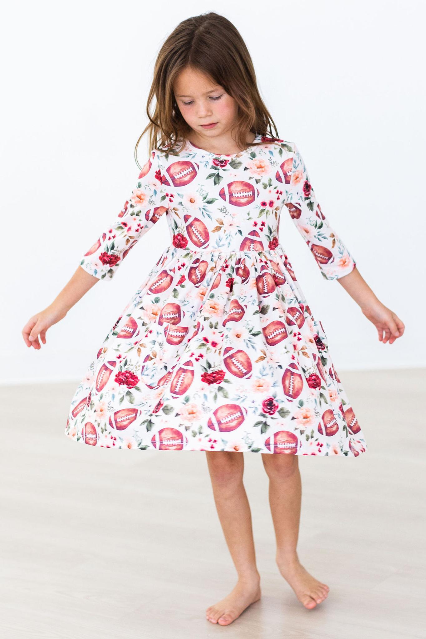 Footballs and Flowers -- Girls 3/4 Sleeve Twirl Dress