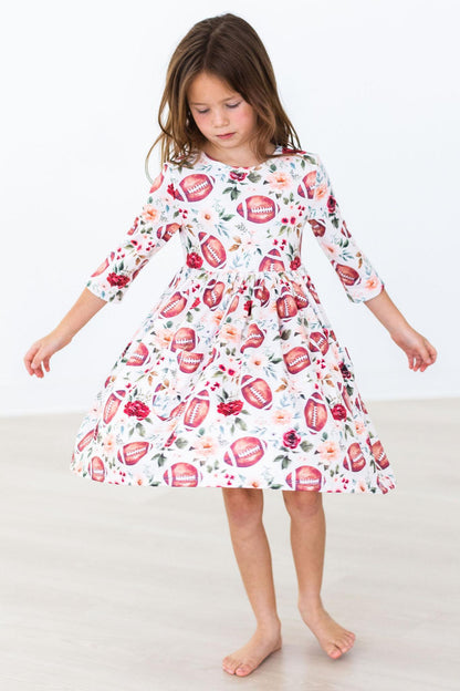 Footballs and Flowers -- Girls 3/4 Sleeve Twirl Dress