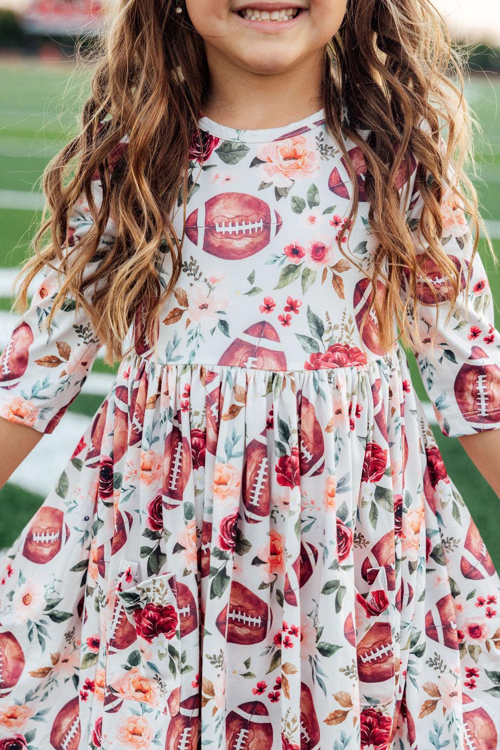 Footballs and Flowers -- Girls 3/4 Sleeve Twirl Dress