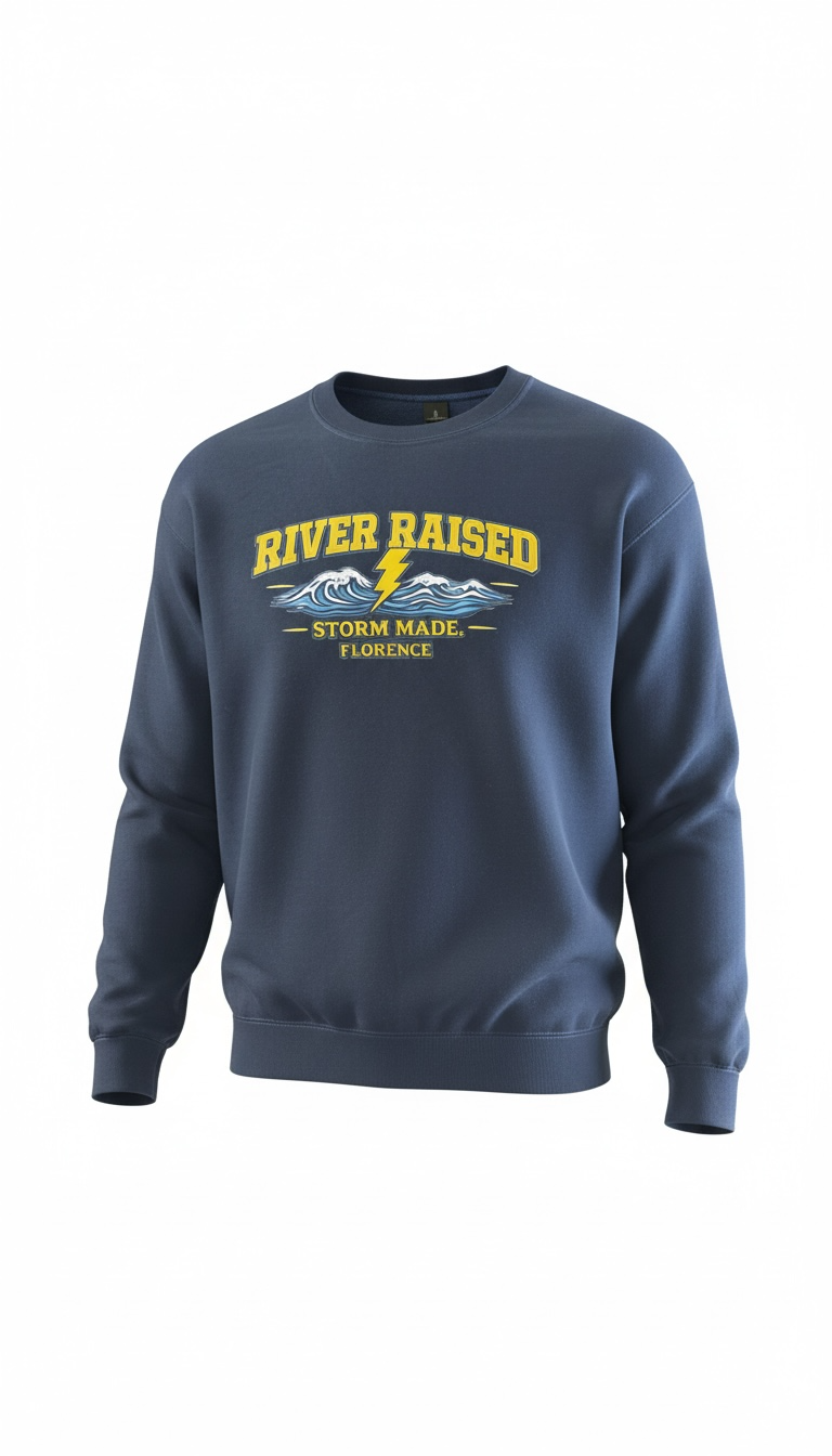 River raised, storm made sweatshirt.