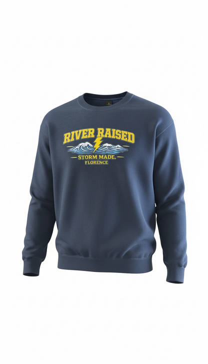 River raised, storm made sweatshirt.