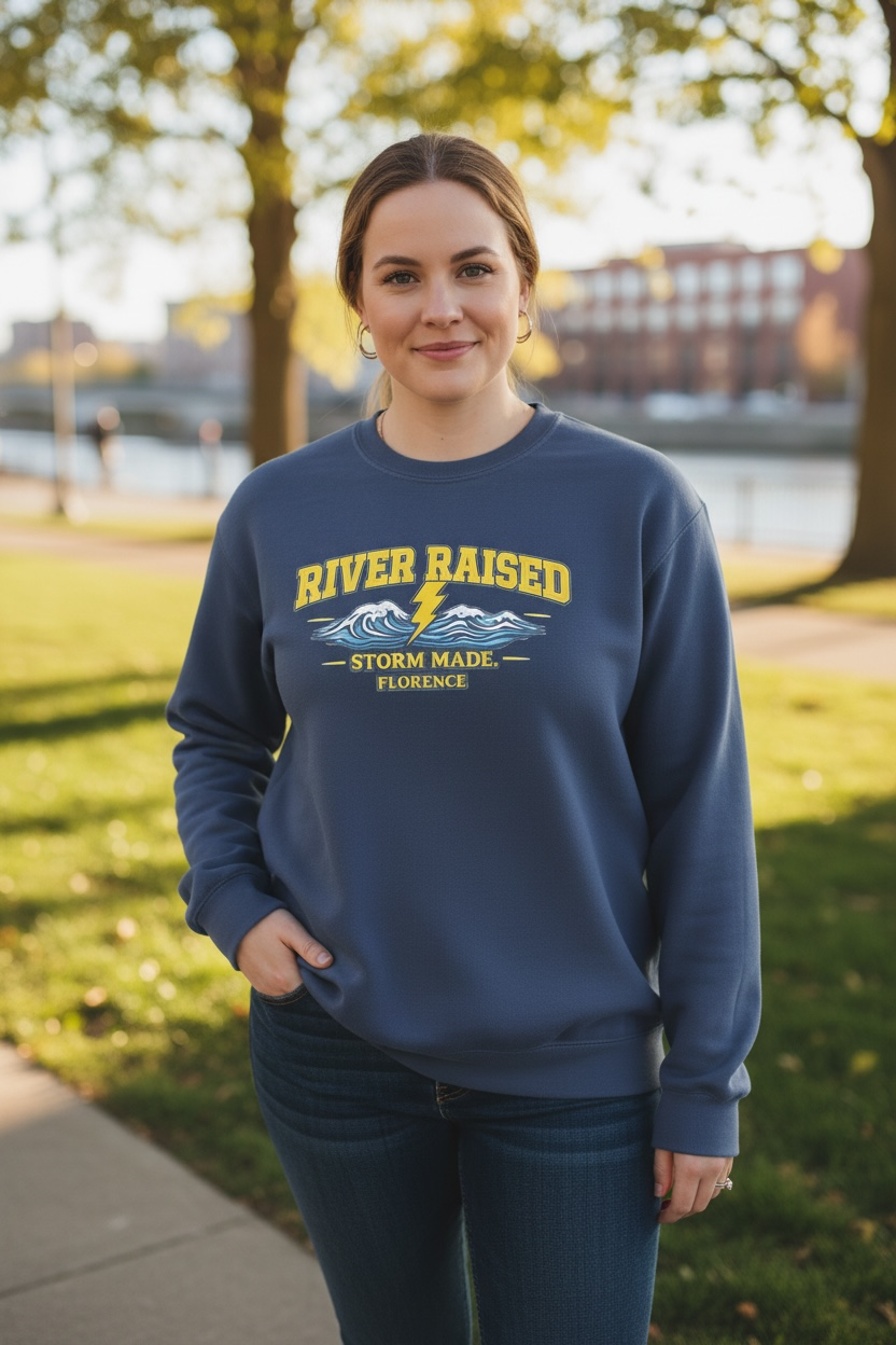 River raised, storm made sweatshirt.