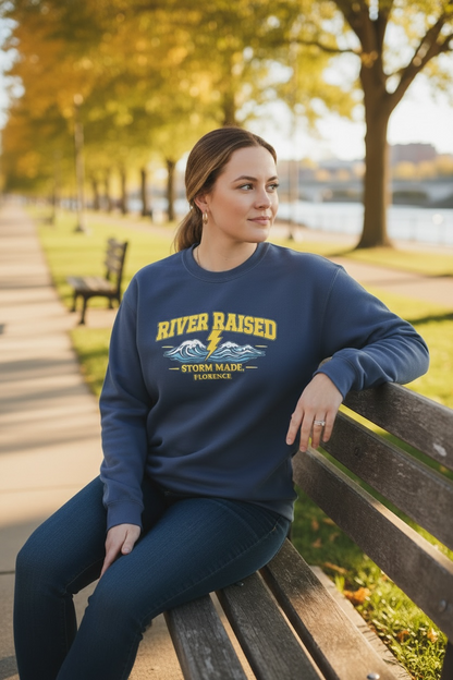 River raised, storm made sweatshirt.