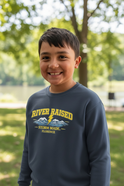 River raised, storm made sweatshirt.