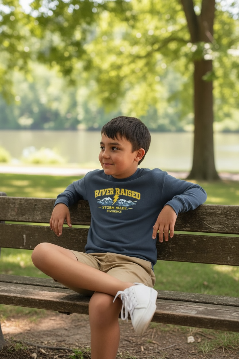 River raised, storm made sweatshirt.