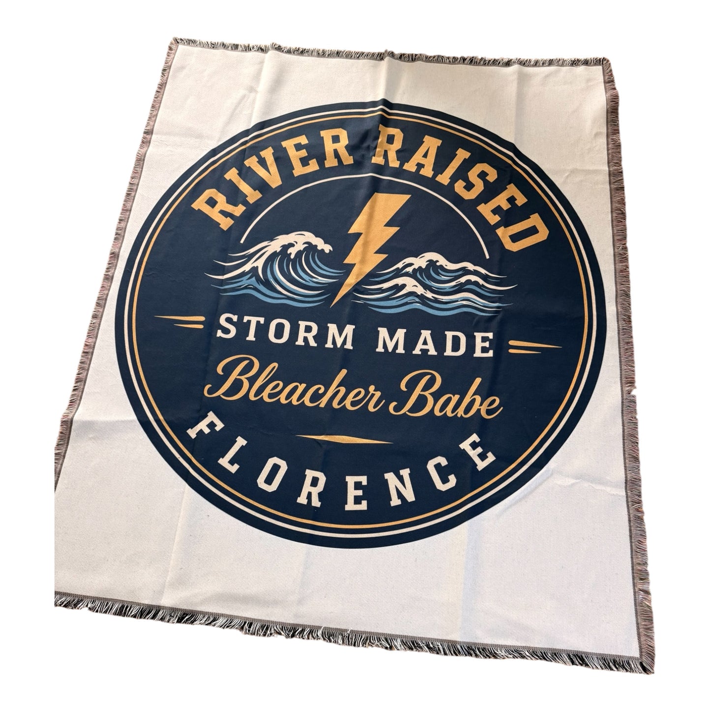 River Raised woven tapestry throw blanket from Bleacher Babe — fringed 50x60 stadium and tailgate throw