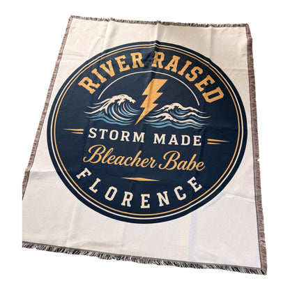 River Raised woven tapestry throw blanket from Bleacher Babe — fringed 50x60 stadium and tailgate throw