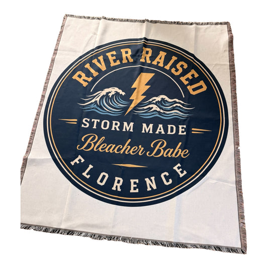 River Raised woven tapestry throw blanket from Bleacher Babe — fringed 50x60 stadium and tailgate throw