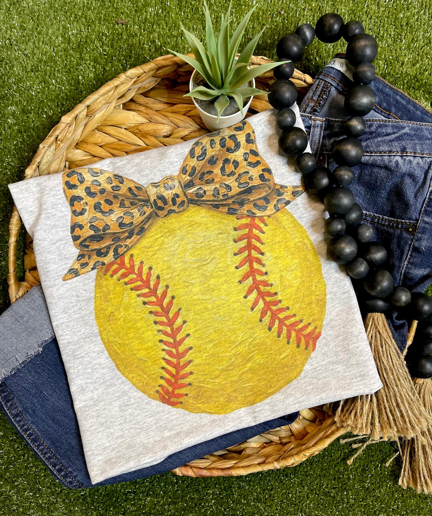 Softball with Leopard Bow (Gildan Tee)
