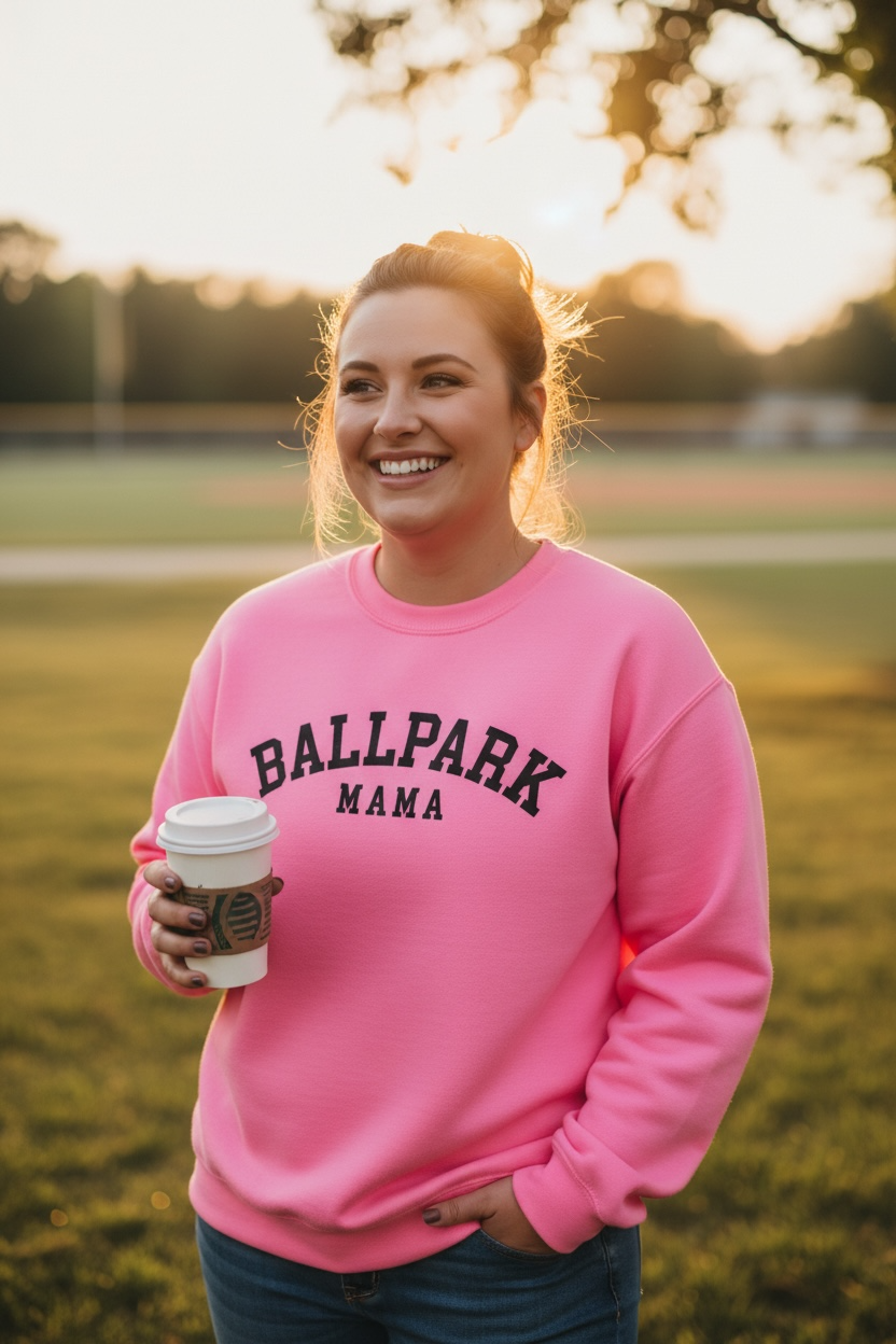 Pink Ballpark Mama baseball mom sweatshirt worn at the ballpark on game day