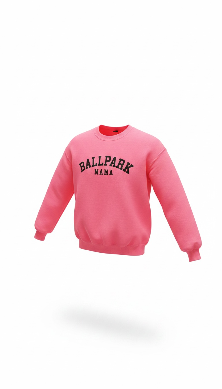 Pink Ballpark Mama crewneck sweatshirt product shot — baseball mom graphic pullover