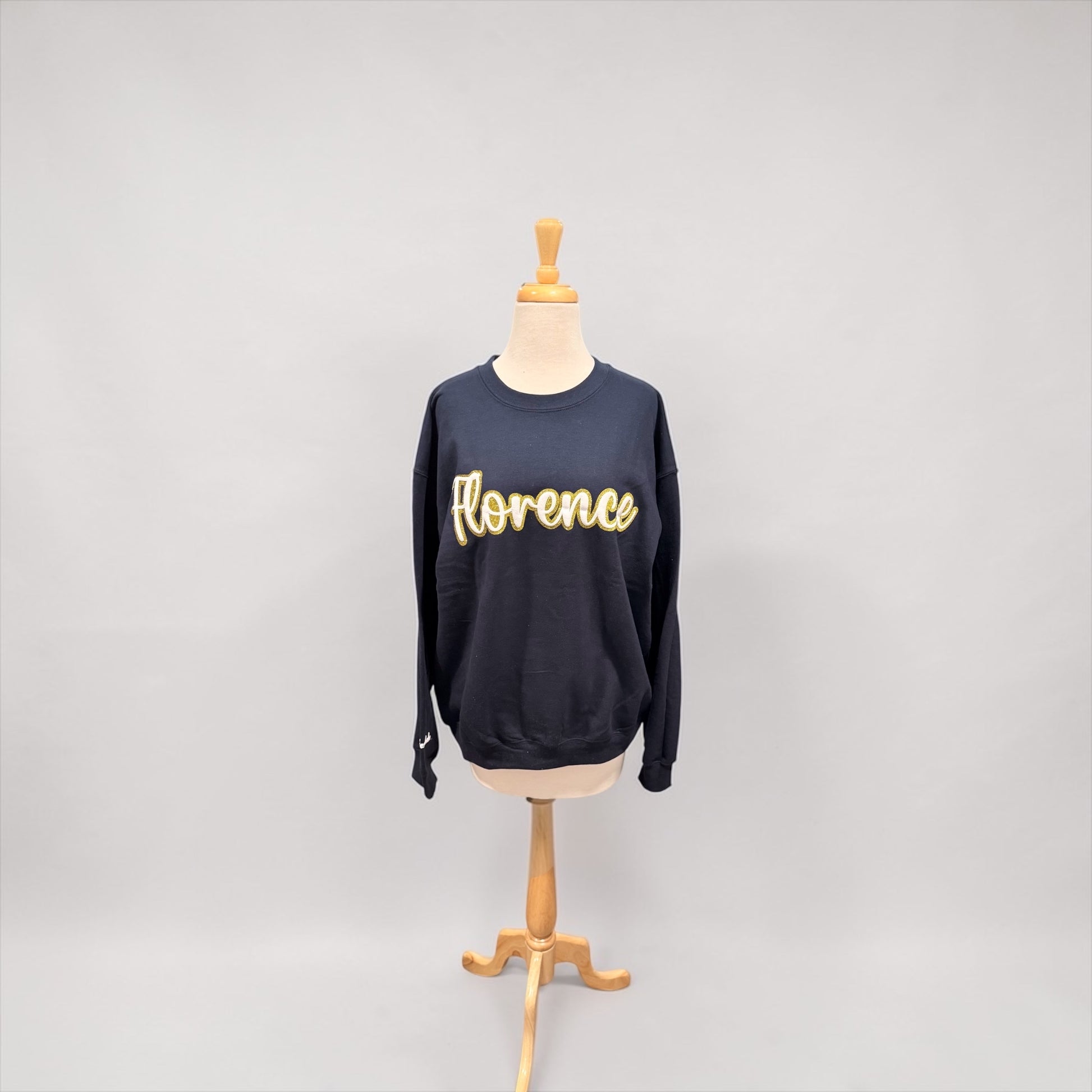 Sparkler Florence Script Crewneck - close-up detail | Bleacher Babe