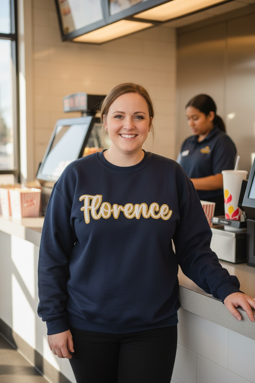 Sparkler Florence Script Crewneck - detail view | Bleacher Babe