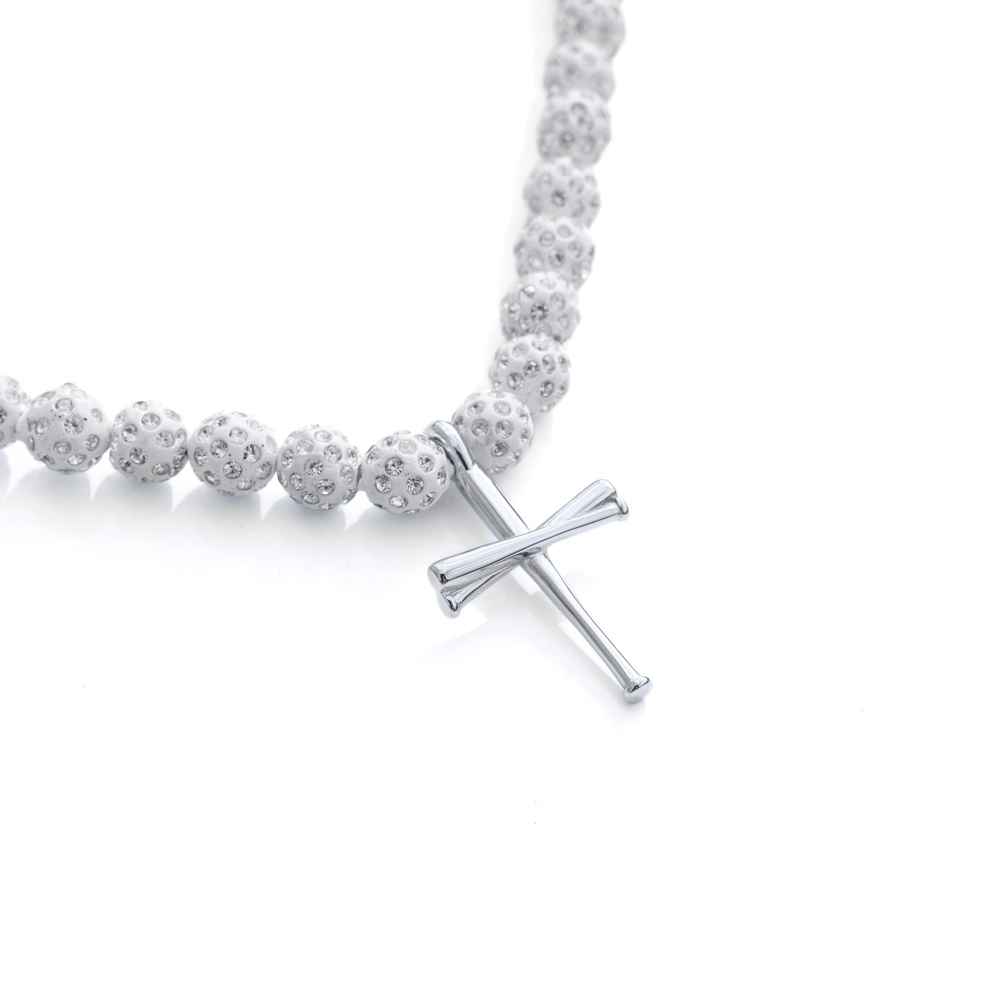 Red Zone Iced Out Baseball Bead Necklace | Red & White