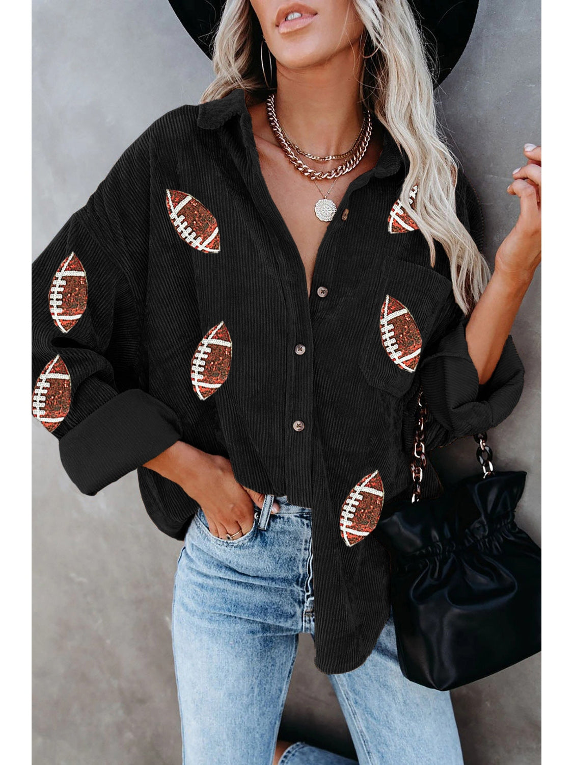 Sequin Football Button-Up Long Sleeve Jacket -- Game Day Glam