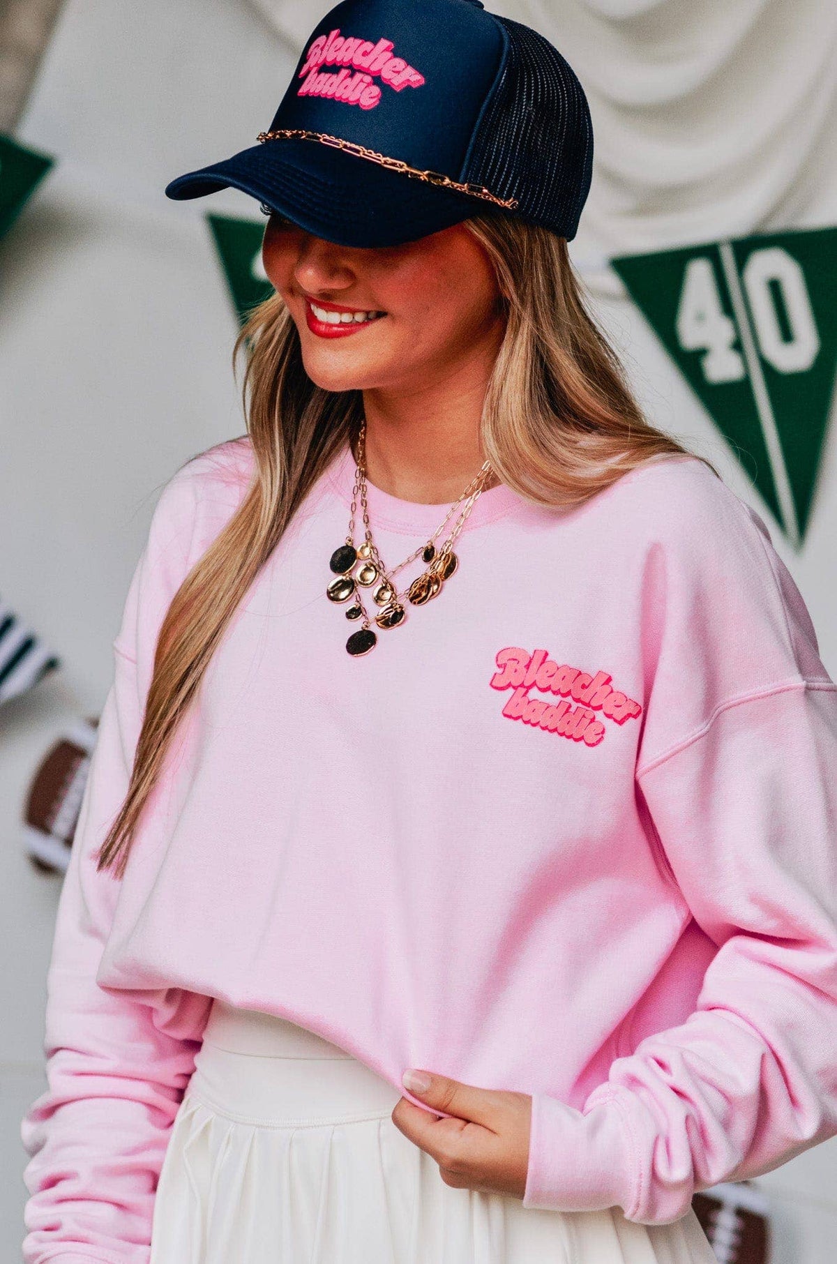 Bleacher Baddie pink sweatshirt, women's game day apparel