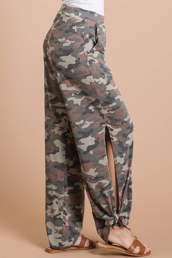 Camo Print Split Side Ankle Tie Women's Casual Pants - detail view | Bleacher Babe