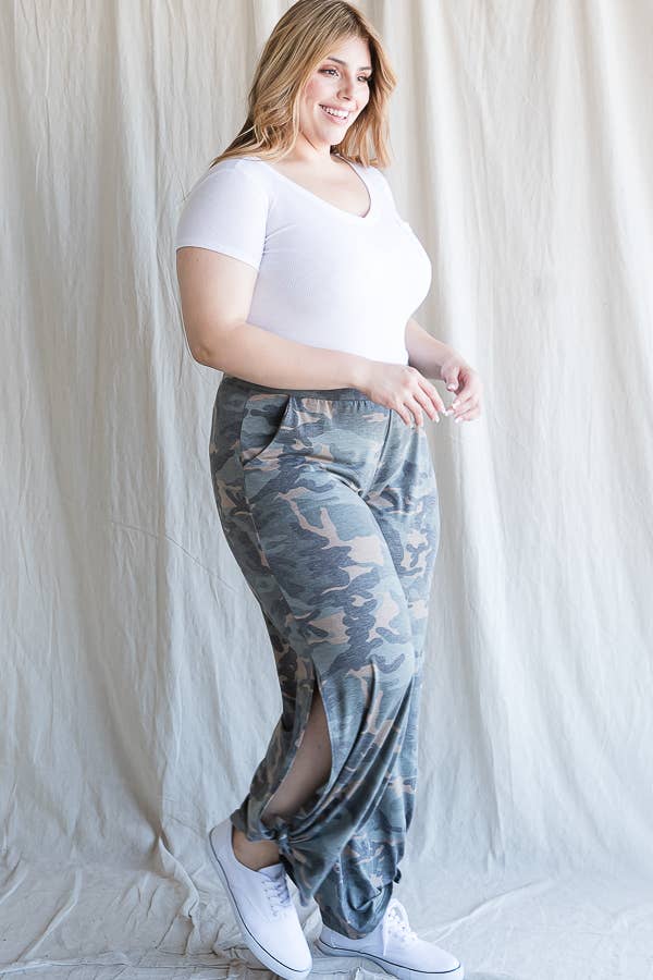 Camo Print Plus-Size Women's Pants - detail view | Bleacher Babe