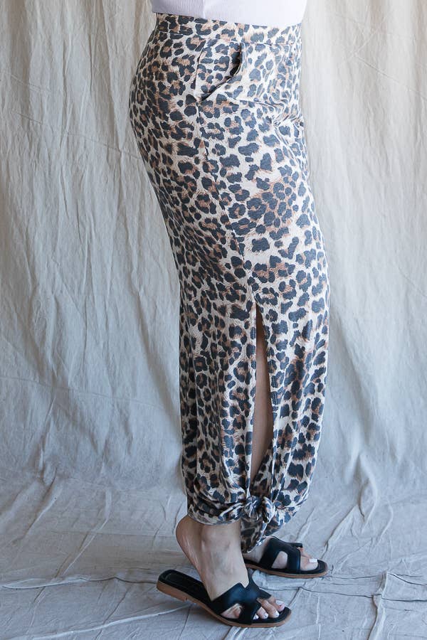 Plus Size- Leopard Print Side Slit Ankle Tie Pants - detail view | Bleacher Babe