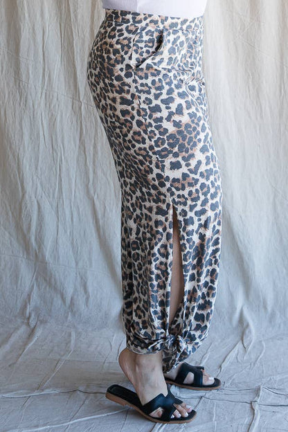Plus Size- Leopard Print Side Slit Ankle Tie Pants - detail view | Bleacher Babe