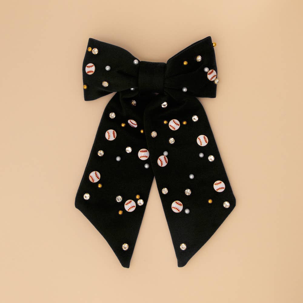 Game Day Jeweled Baseball Bow Barrette Hair Clip