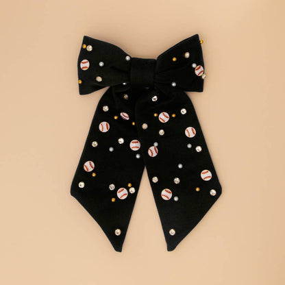 Game Day Jeweled Baseball Bow Barrette Hair Clip