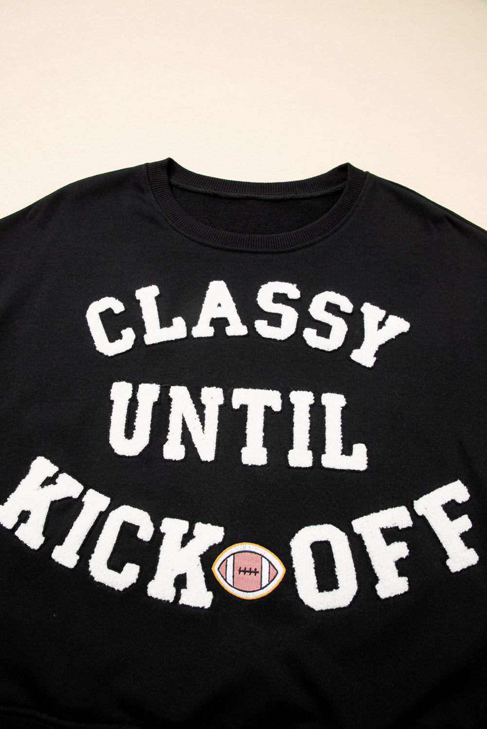 Classy Until Kickoff -- Plush Letter Patch Loose Sweatshirt in Black