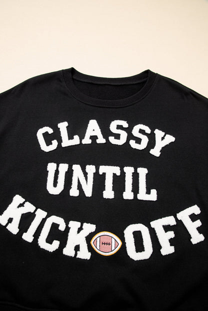 Classy Until Kickoff -- Plush Letter Patch Loose Sweatshirt in Black