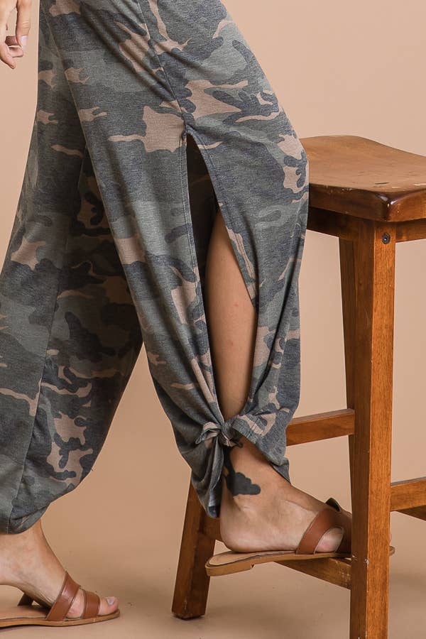 Camo Print Split Side Ankle Tie Women's Casual Pants - back view | Bleacher Babe