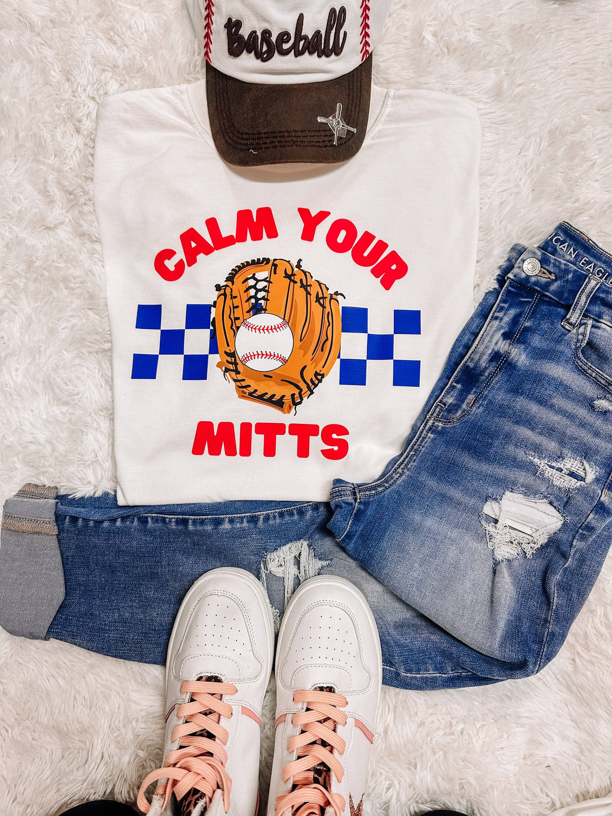 Calm your Mitts Baseball Graphic Tee - front view | Bleacher Babe