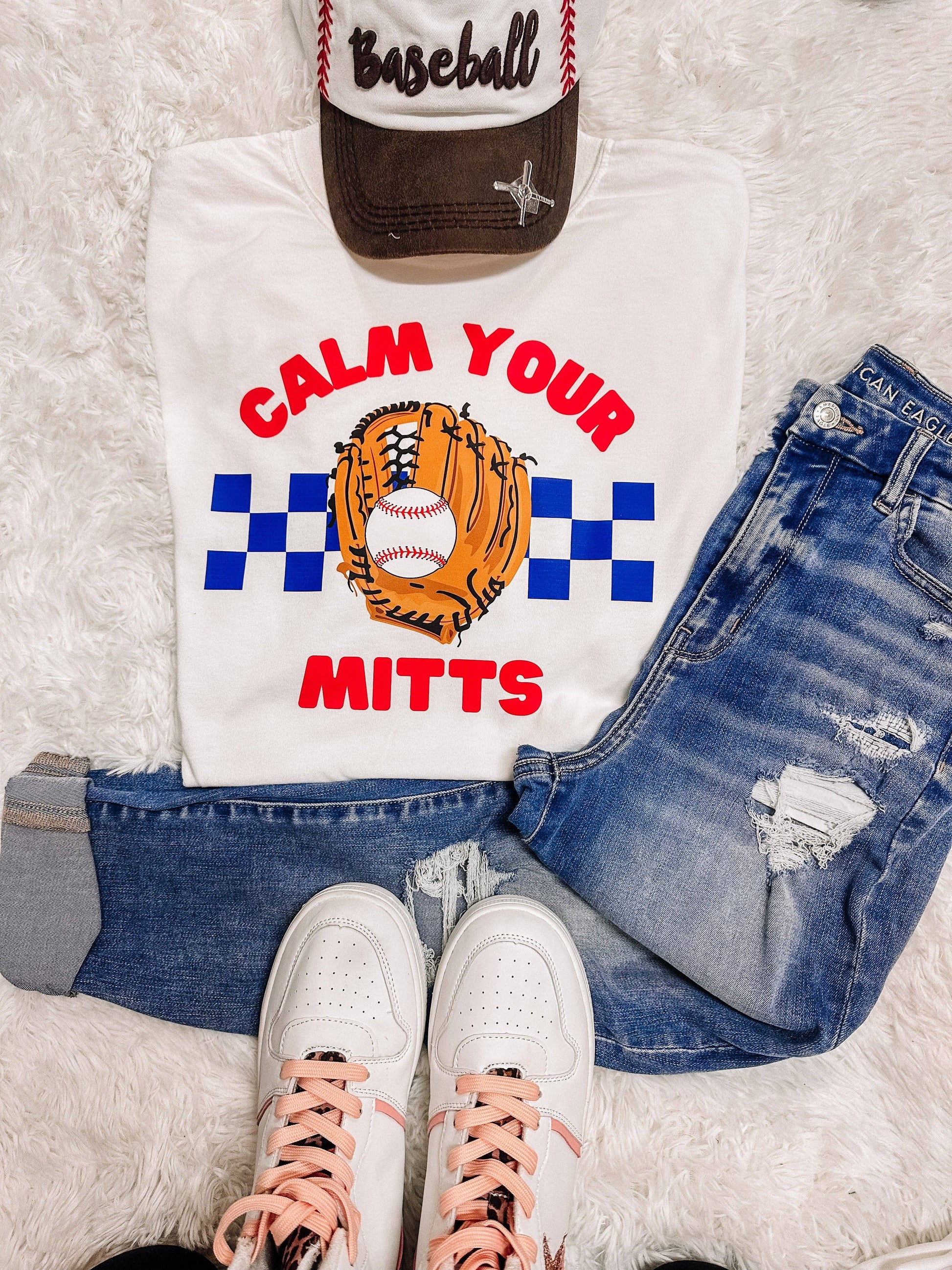 Calm your Mitts Baseball Graphic Tee - front view | Bleacher Babe