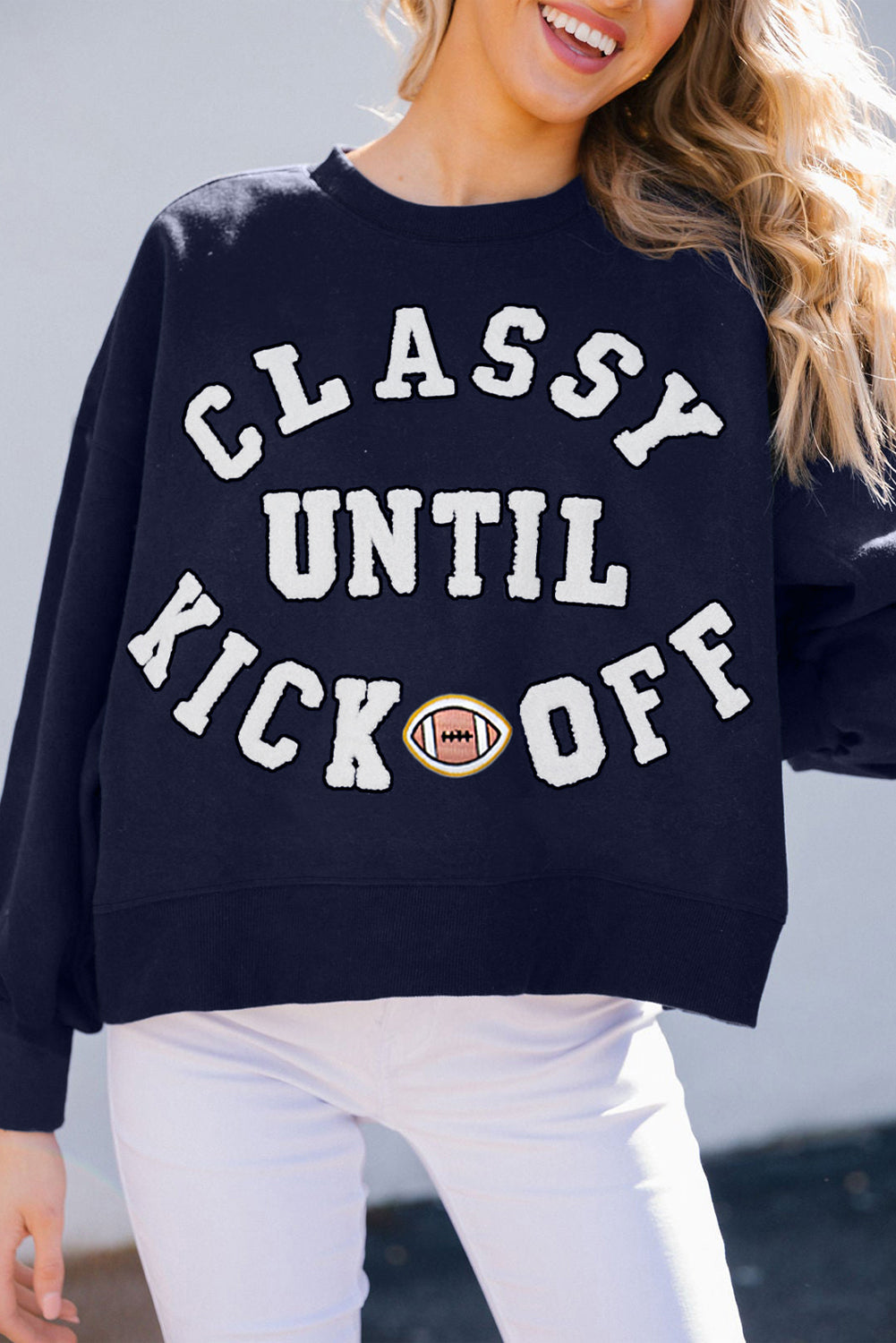 Classy Until Kickoff -- Plush Letter Patch Loose Sweatshirt in Black