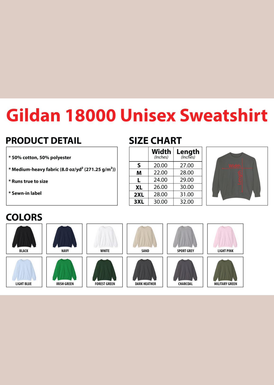 Gildan 18000 Unisex Sweatshirt size chart – sizes S through 3XL, 50/50 cotton-polyester blend, available in Black, Navy, Light Pink, Charcoal and more