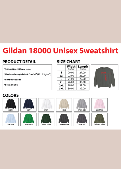 Gildan 18000 Unisex Sweatshirt size chart – sizes S through 3XL, 50/50 cotton-polyester blend, available in Black, Navy, Light Pink, Charcoal and more