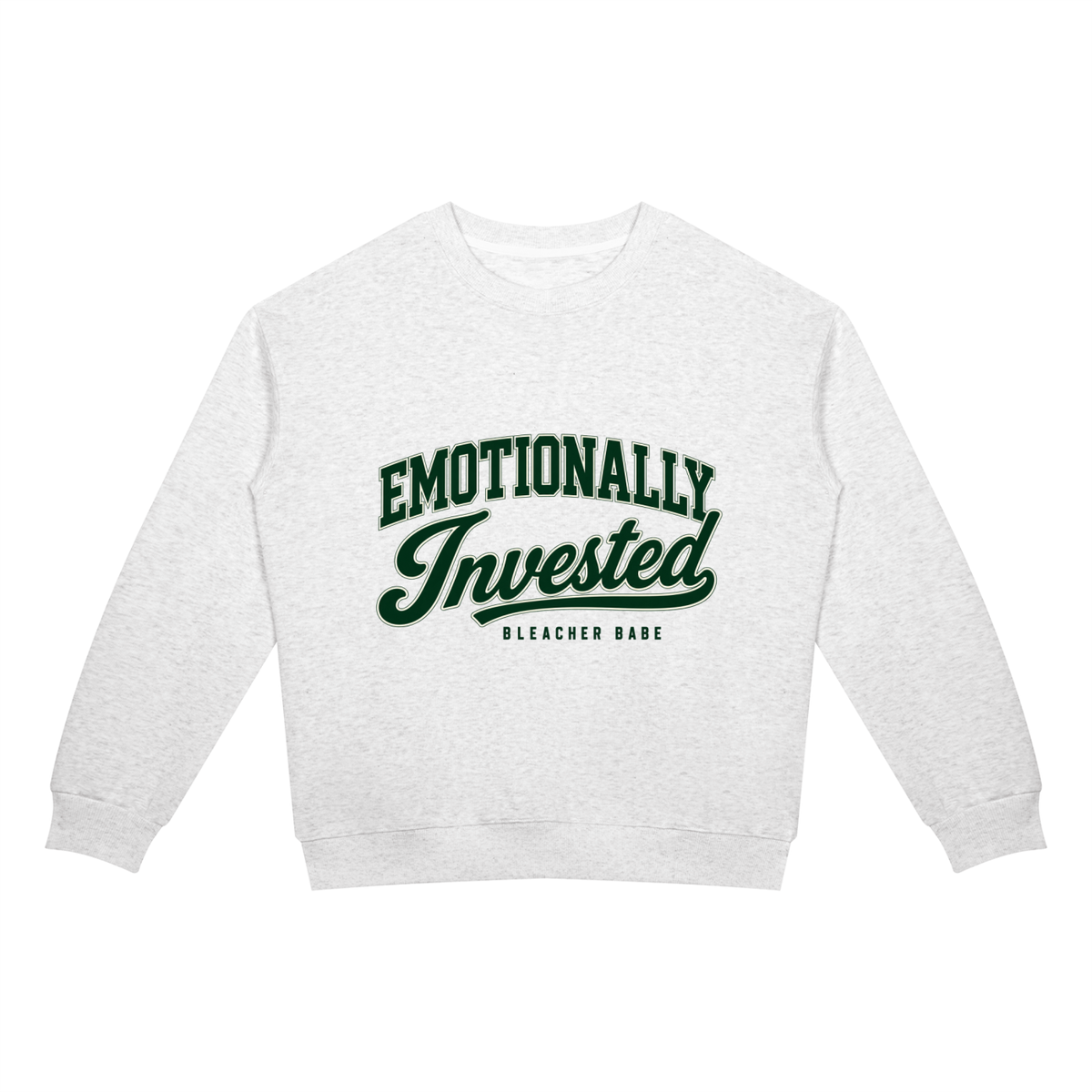 Emotionally Invested football crewneck sweatshirt in oat gray, Bleacher Babe game day sweatshirt, front