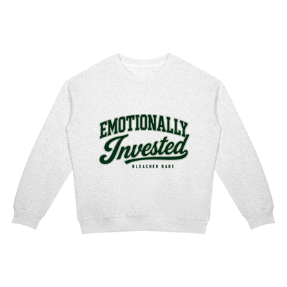 Emotionally Invested football crewneck sweatshirt in oat gray, Bleacher Babe game day sweatshirt, front