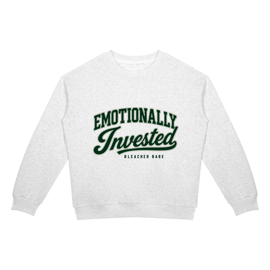 Emotionally Invested football crewneck sweatshirt in oat gray, Bleacher Babe game day sweatshirt, front