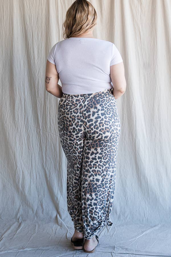 Plus Size- Leopard Print Side Slit Ankle Tie Pants - back view | Bleacher Babe