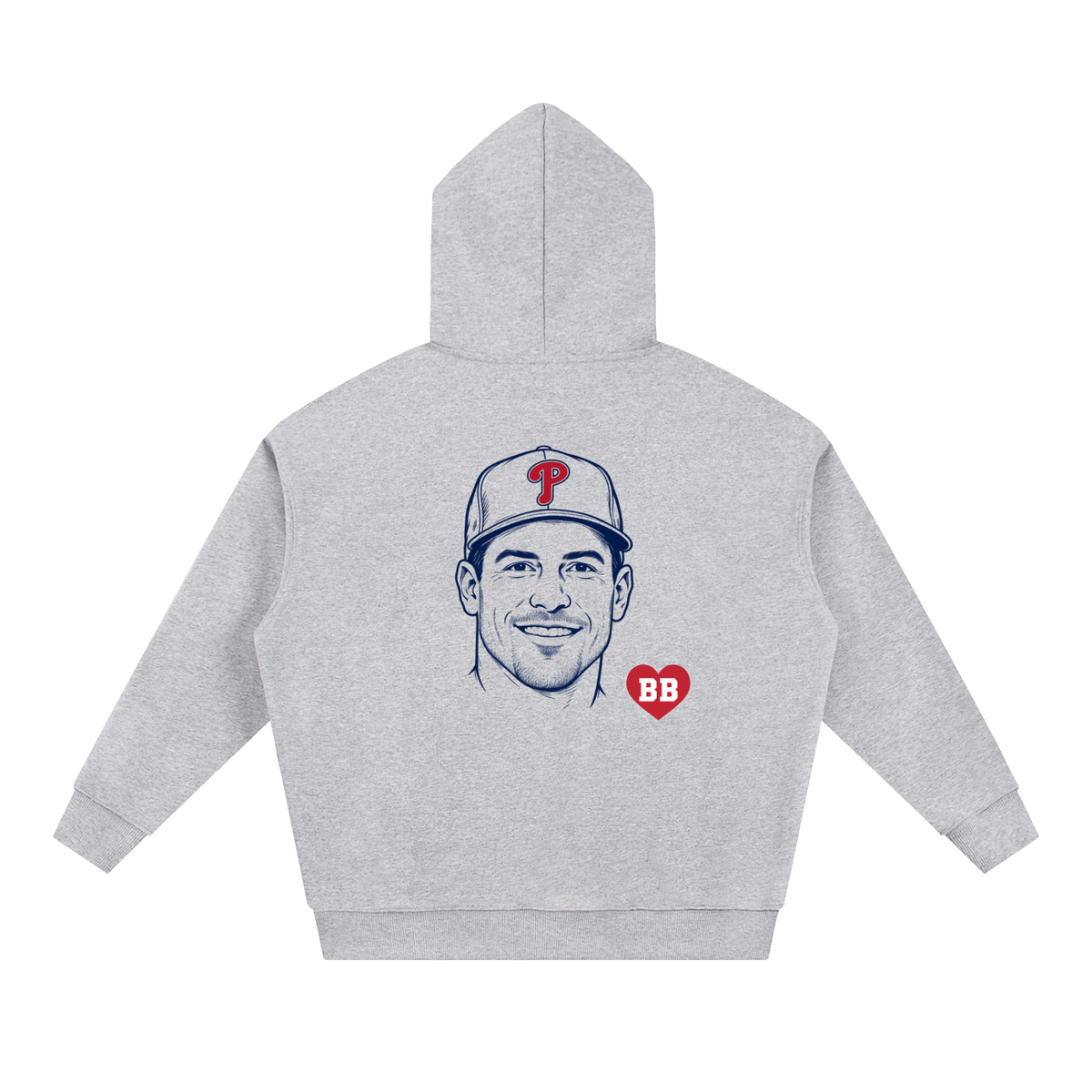 Back of the Here for the Catcher hoodie with catcher portrait and Bleacher Babe red heart